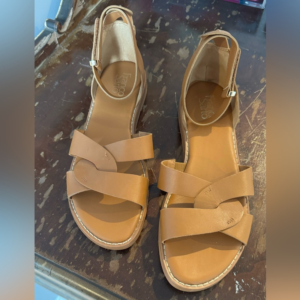 Franco Sarto leather Velcro adjustable ankle strap in camel size 9.5